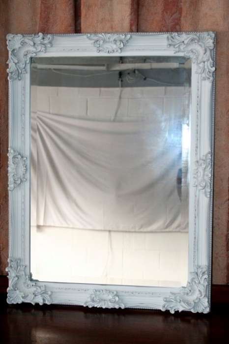 Beautiful ornately moulded "matt white" wooden framed bevelled glass wall mirror = a stunner! RS17M