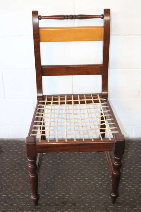 4x fabulous vintage solid Yellow wood & Imbuia riempie dining chairs price/chair - RS17Sale