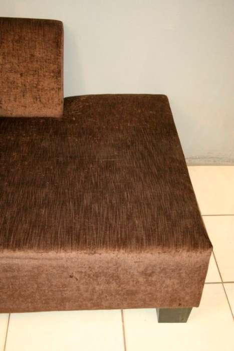 A superb modern (X-large) chocolate brown fabric couch w/ stunning cushions in exquisite condition