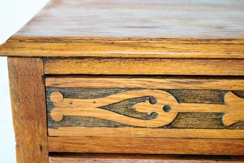 A wonderful vintage four-drawer "Belweb" Oak tallboy chest of drawers w/ ornate carvings - awesome!