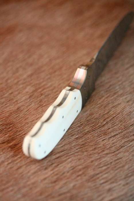 Incredible custom made Mike Skellern Damascus steel & bone handle knife w/ brass embellishments