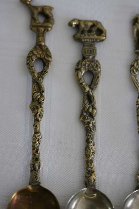A very rare antique ornate Alpak of Italy silver plated (on brass) teaspoon set with different decal