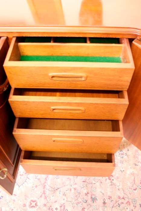An exquisite vintage side server cabinet with carved detailing and loads of drawer & cupboard space