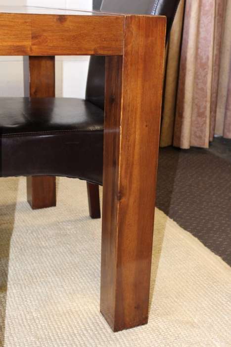 **RS17** A modern solid teak (180cm) dining table w/ 6x stylish upholstered high-back chairs