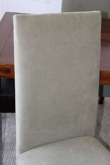 **RS17** A modern solid teak (180cm) dining table w/ 6x stylish upholstered high-back chairs