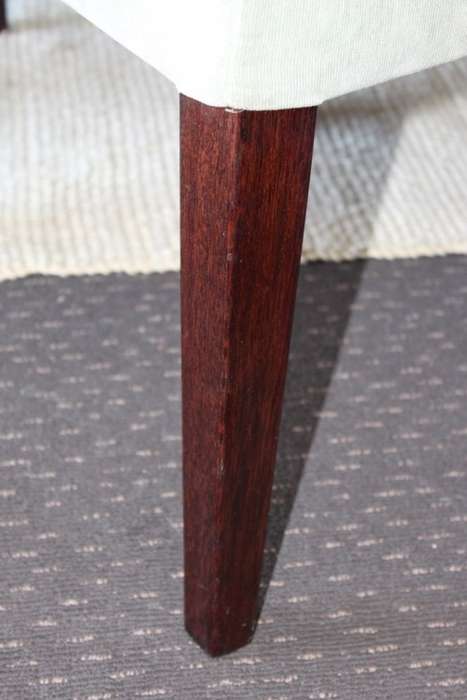 **RS17** A modern solid teak (180cm) dining table w/ 6x stylish upholstered high-back chairs