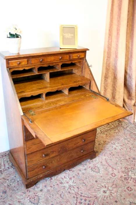 A wonderful vintage Adam Bede solid Oak fall-top writing bureau w pigeon holes and large drawers