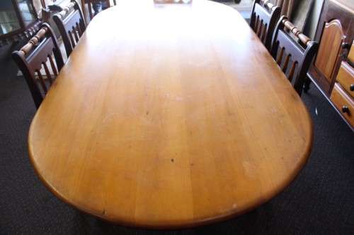 A superb Yellowwood and Imbuia dining room suite including table, 6x chairs & buffet server cabinet!