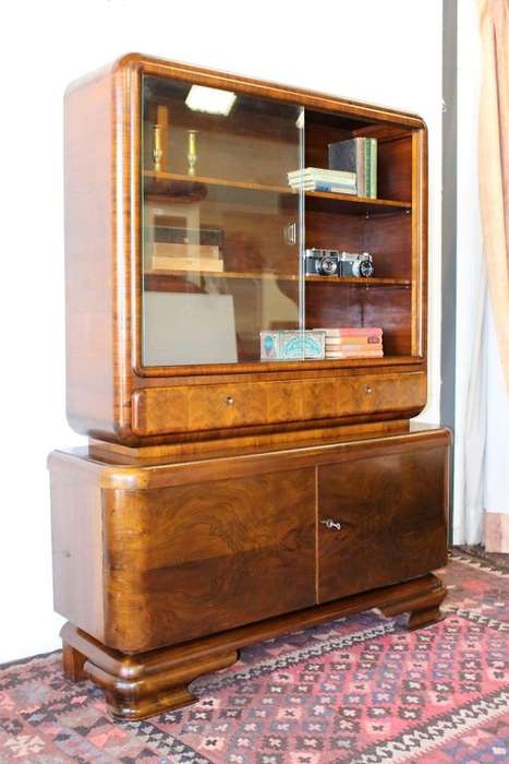 **RS17_Clearance** ART DECO (c.1930) walnut show cabinet w/ rounded corners & sliding glass doors