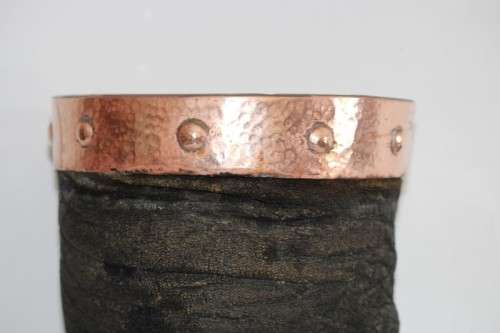 An antique (c1800's) authentic taxidermy Elephant foot umbrella stand w/ copper lining and cuff