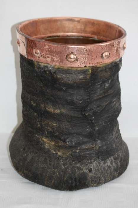 An antique (c1800's) authentic taxidermy Elephant foot umbrella stand w/ copper lining and cuff