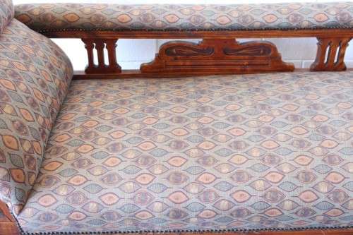 **RS17_Clearance** Edwardian solid teak hand carved rail-back upholstered Chaise Lounge