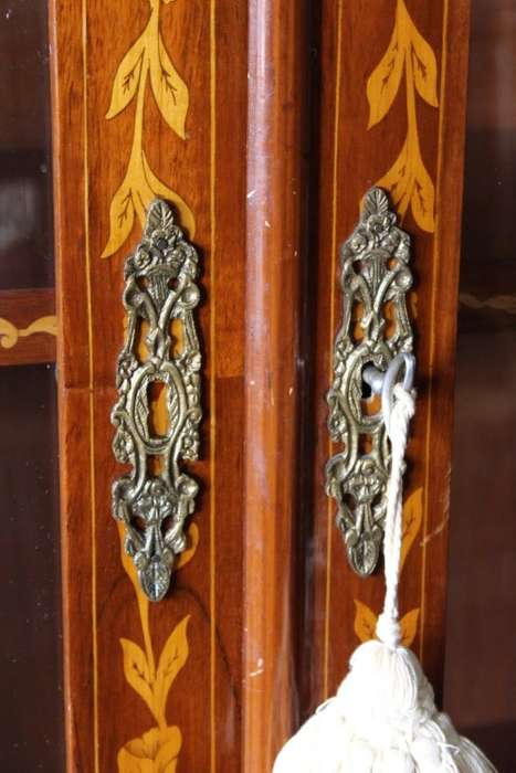 **RS17** A wonderful Mahogany double door display cabinet/ bookcase w/ stunning marquetry detailing!