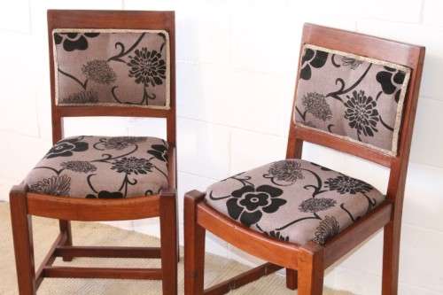 **RS17** Two awesome solidly made teak occasional chairs upholstered in a sand-beige & black fabric