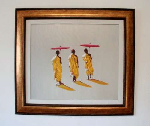 A beautifully framed (Bali) Buddhist Monks walking acrylic painting w awesome rich colours.
