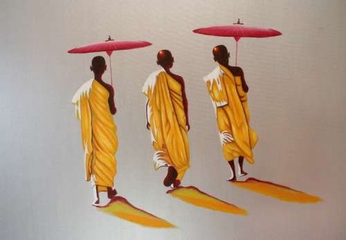 A beautifully framed (Bali) Buddhist Monks walking acrylic painting w awesome rich colours.