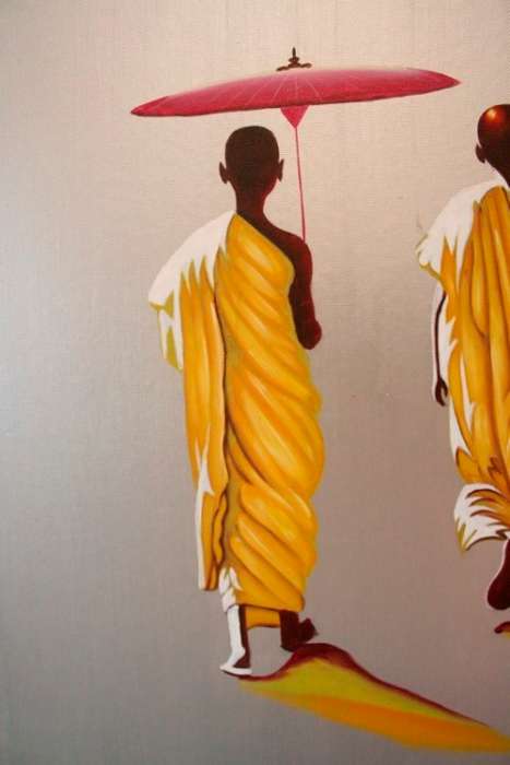 A beautifully framed (Bali) Buddhist Monks walking acrylic painting w awesome rich colours.