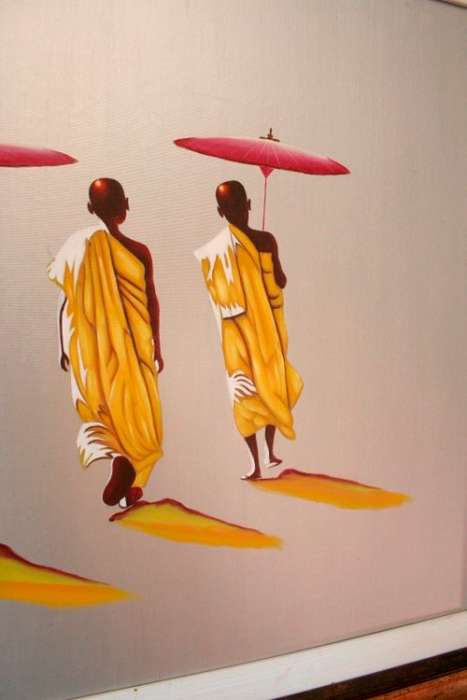 A beautifully framed (Bali) Buddhist Monks walking acrylic painting w awesome rich colours.