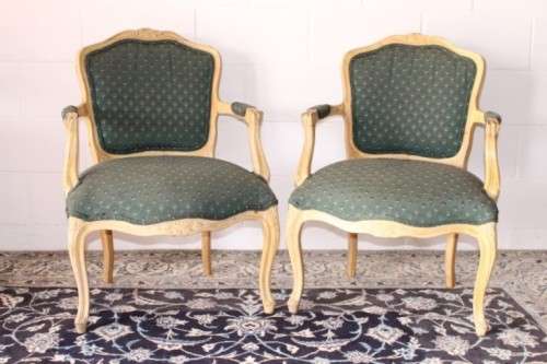 **RS17** Wonderful pair of green upholstered, cream painted Louis XV style carved open-arm armchairs