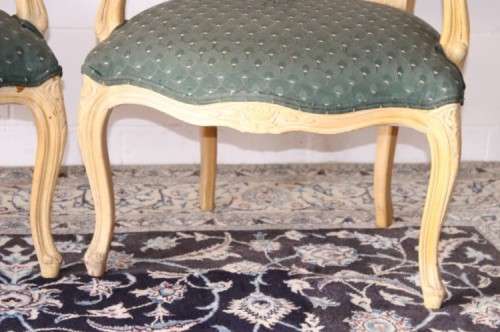 **RS17** Wonderful pair of green upholstered, cream painted Louis XV style carved open-arm armchairs