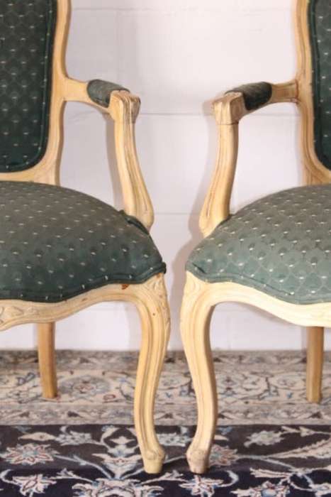 **RS17** Wonderful pair of green upholstered, cream painted Louis XV style carved open-arm armchairs