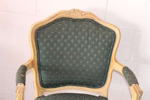 **RS17** Wonderful pair of green upholstered, cream painted Louis XV style carved open-arm armchairs