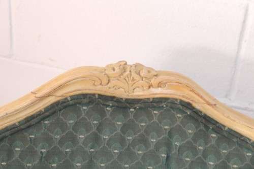 **RS17** Wonderful pair of green upholstered, cream painted Louis XV style carved open-arm armchairs