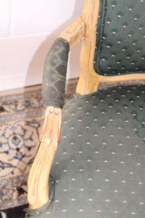 **RS17** Wonderful pair of green upholstered, cream painted Louis XV style carved open-arm armchairs