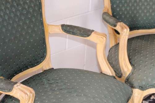 **RS17** Wonderful pair of green upholstered, cream painted Louis XV style carved open-arm armchairs