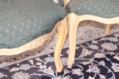 **RS17** Wonderful pair of green upholstered, cream painted Louis XV style carved open-arm armchairs