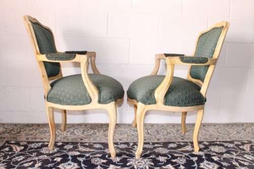**RS17** Wonderful pair of green upholstered, cream painted Louis XV style carved open-arm armchairs