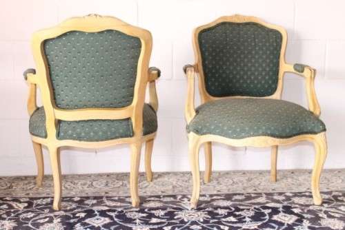 **RS17** Wonderful pair of green upholstered, cream painted Louis XV style carved open-arm armchairs