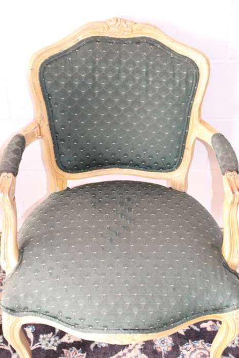 **RS17** Wonderful pair of green upholstered, cream painted Louis XV style carved open-arm armchairs