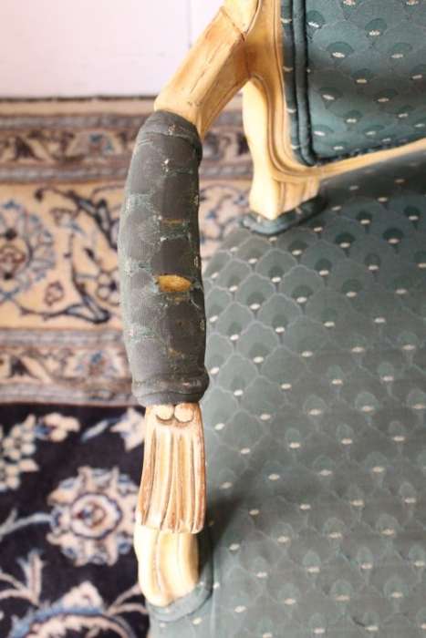 **RS17** Wonderful pair of green upholstered, cream painted Louis XV style carved open-arm armchairs
