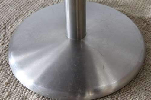 A stylish square mahogany wood-top cafe table with a brushed steel centre leg - two available