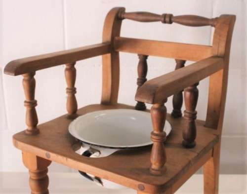 A rare antique Edwardian hand made wooden child's "potty seat" with enamelled potty Lifespace Sale