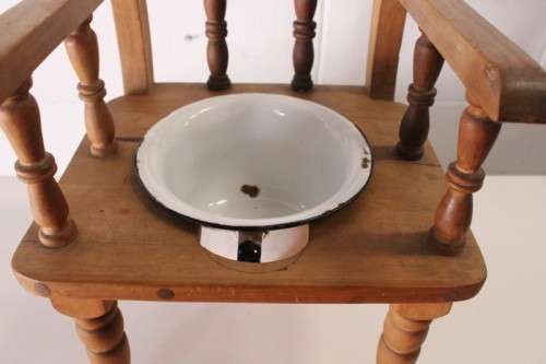 A rare antique Edwardian hand made wooden child's "potty seat" with enamelled potty Lifespace Sale
