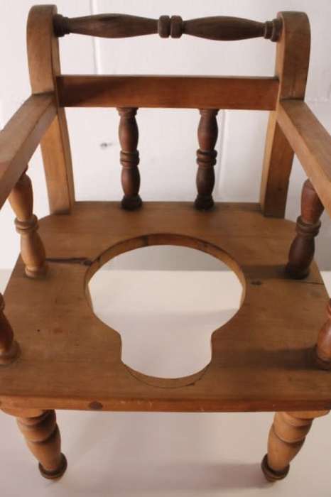 A rare antique Edwardian hand made wooden child's "potty seat" with enamelled potty Lifespace Sale