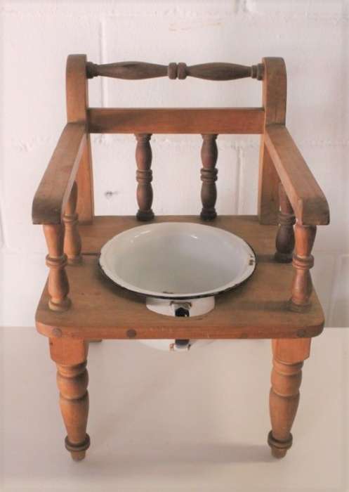 A rare antique Edwardian hand made wooden child's "potty seat" with enamelled potty Lifespace Sale