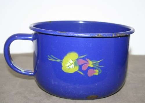 A wonderful vintage dark blue w/ hand painted flowers enamel wash basin, pitcher & chamber pot set.
