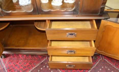 An exquisite vintage Imbuia ball & claw "Don Elly" drinks cabinet w glass doors & drawers. Fabulous!