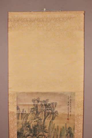 A wonderful Chinese hanging scroll landscape ink & watercolour painting on silk rice paper with case