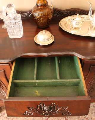 A gorgeous, large vintage Imbuia wood ball & claw buffet/ side server, with carved doors!