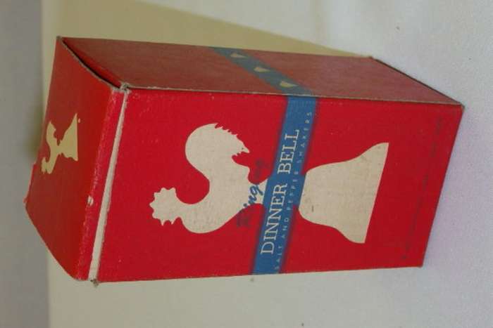 AN AWESOME VINTAGE CHROMED TABLE BELL WITH A CLEAR "ROOSTER" SHAPED HANDLE IN IT'S ORIGINAL BOX