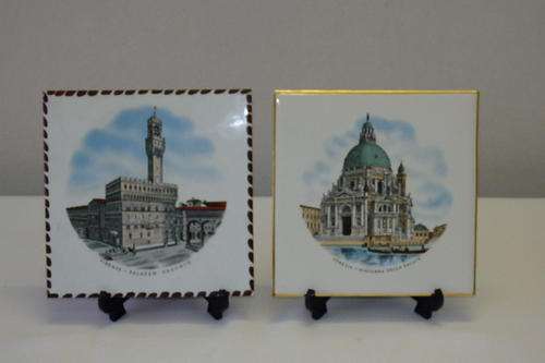 TWO STUNNING TRANSFER PRINT COLLECTABLE ITALIAN BUILDINGS CERAMIC WALL TILES IN EXCELLENT CONDITION