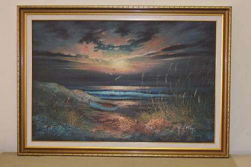 AN AWESOME ORIGINAL FRAMED SEASCAPE "AT SUNSET"  OIL PAINTING BY WELL KNOWN ARTIST H. GAILEY