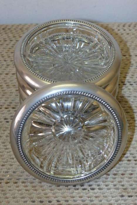 FIVE STUNNING VINTAGE CUT GLASS COASTERS WITH A BEAUTIFUL SILVER PLATED RIM!!! bid/coaster