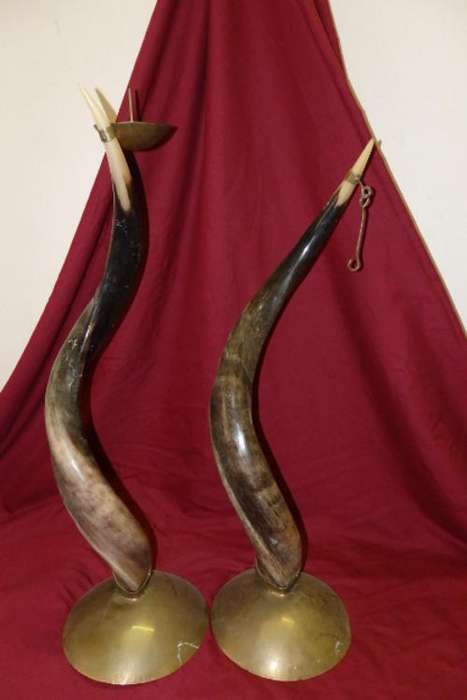 TWO INCREDIBLE TALL KUDU HORN ORNAMENTAL DISPLAY PIECES MOUNTED ON BRASS BASES
