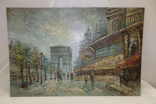 A STUNNING ORIGINAL SIGNED OIL ON BOARD PAINTING OF A PARIS STREET SCENE WITH THE ARC DE TRIOMPHE