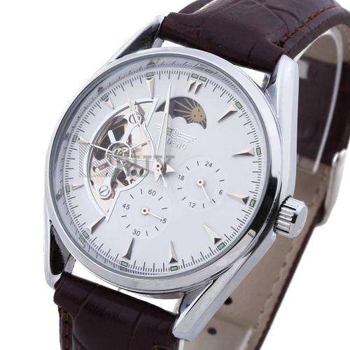 Mens Transparent Skeleton Mechanical Stainless Steel Leather Wrist Watch